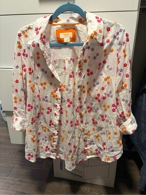 Maeve Embroidered Floral Button-Down Shirt in Cream with Pink & Orange